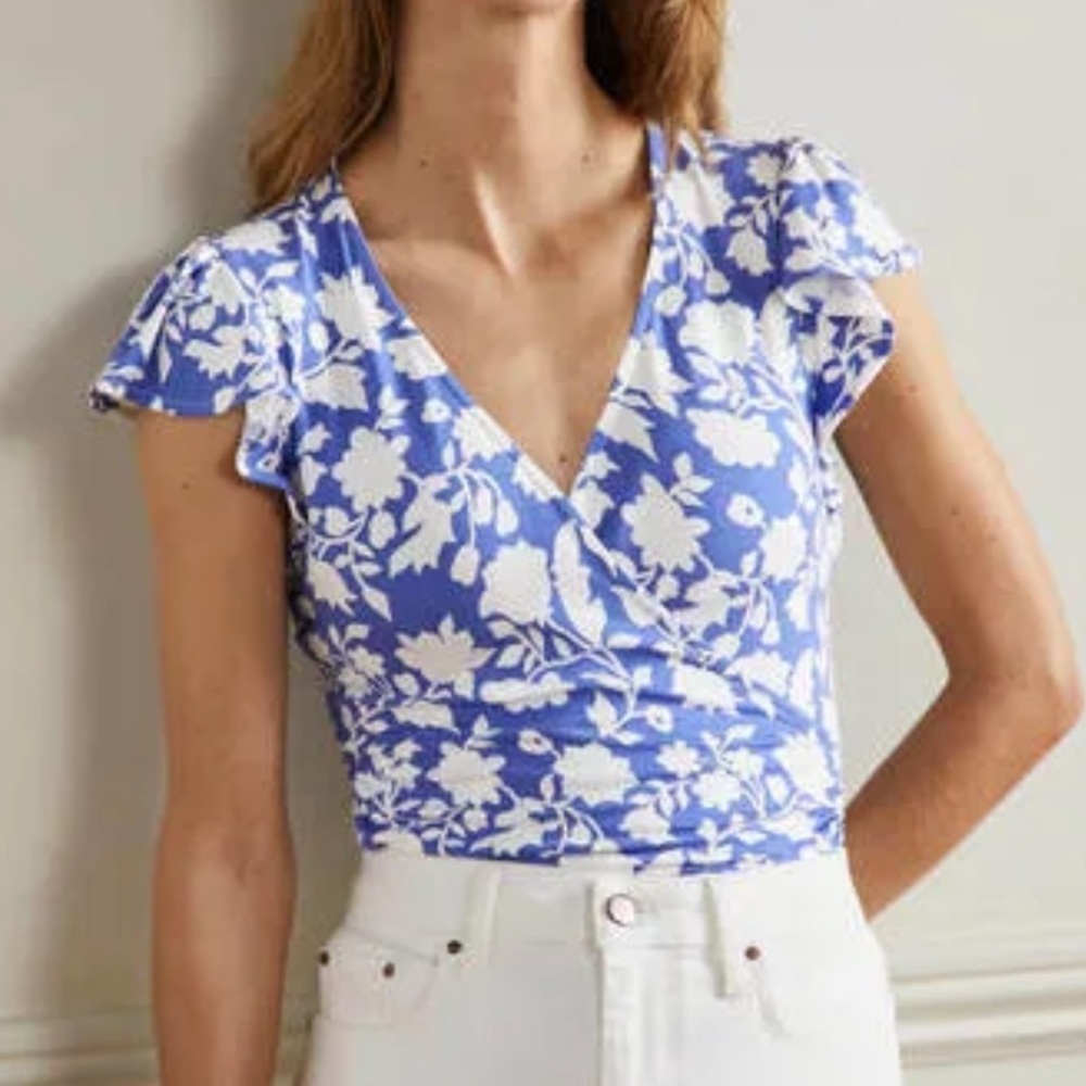 NWT BODEN Flutter Sleeve Wrap Top Blue White Floral 10